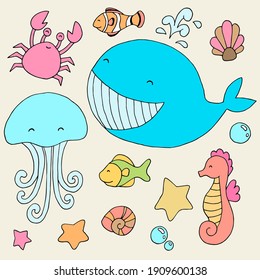 Marine inhabitants. Inhabitants of the deep sea. Whale, jellyfish, fish, crab, seahorse. Vector hand-drawn doodle illustration. Colorful set