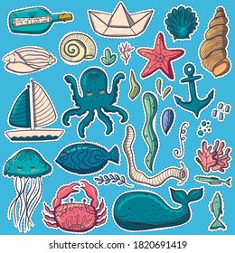 Marine inhabitants. Fish. Stickers. Cute characters in a modern style. For your design.