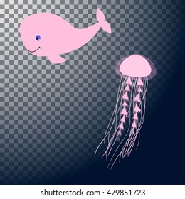 Marine inhabitants. Whale. Jellyfish. Vector