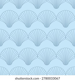 Marine inspired vector illustration featuring scallop shell motifs in a refined blue line art style. Suitable for fabric, packaging, stationery, spa branding, resort decor, and coastal themed products.