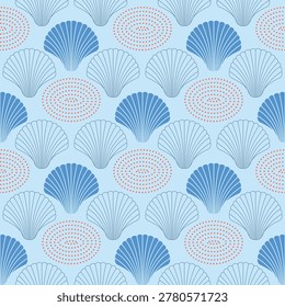 Marine inspired vector illustration featuring scallop shells and geometric dot motifs in a soft coastal palette. Suitable for fabric, packaging, stationery, spa branding, resort decor, and Mediterranean style products.