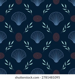 Marine inspired vector illustration featuring scallop shells, coastal leaves, and dotted motifs in a modern Mediterranean style. Suitable for fabric, packaging, stationery, spa branding, resort decor, and beach themed products.