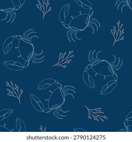 Marine inspired vector illustration featuring crabs and sea botanical elements in a refined coastal line drawing style. Suitable for fabric, packaging, stationery, seafood branding, resort decor, and nautical themed graphics.