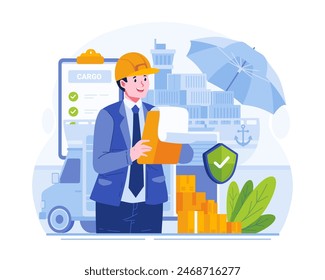 Marine Insurance Illustration. A Male Insurance Agent Holding a Clipboard With an Insurance Policy in Front of Ship Cargo Truck Container