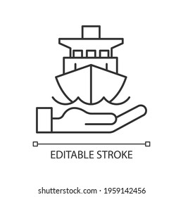 Marine insurance linear icon. Transport damages and losses coverage. Ships, vessels, cargo. Thin line customizable illustration. Contour symbol. Vector isolated outline drawing. Editable stroke