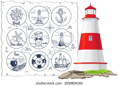 Marine inventory, lighthouse near nautical symbols vector illustration. Sea inventory, items for nautical design, marine icons. Summer adventure concept. Vacation at sea, sailing on ocean, recreation