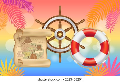 Marine inventory on pink tropical background. Lifebuoy, treasure map and steering wheel for being at sea. Pirate inventory, items for nautical design. Nautical symbols, icons vector illustration