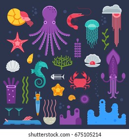 Marine invertebrates, mollusks and jellyfishes set. Ocean exotic underwater animals and deep sea creatures collection in flat design.