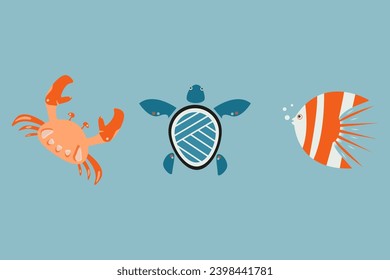 Marine isolated animals set vector. Turtle, crab, fish on blue background. Sealife vector illustration EPS10