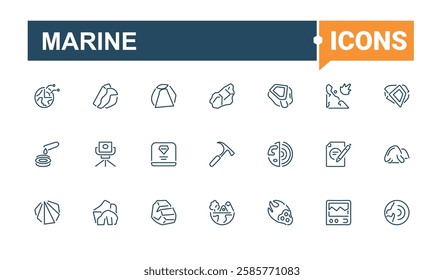 Marine isolated icon set. Includes icons for ship, ocean, wheel, vessel, sea, rope, eel, compass. Minimal linear icons. Editable stroke. Vector illustration.