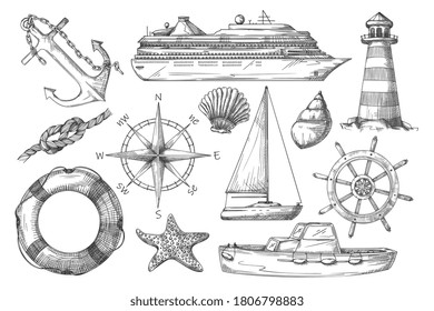 Marine item. Black-and-white ship, anchor, lighthouse, rope knot, nautical compass, dinghy, lifebuoy, steering wheel, sailboat, starfish, shell sketch illustration. Isolated vector set on background