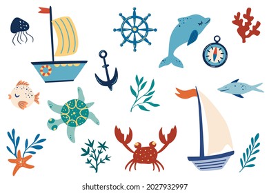 Marine items set. Ships, dolphins, algae, fish, crabs, anchor. Hand draw Marine decorative vector illustration. Sea collection isolated on a white background.