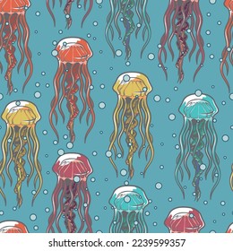 Marine jellyfish colorful seamless pattern swims underwater among bubbles living in ocean or sea near tropical islands vector illustration