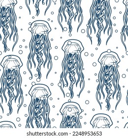 Marine jellyfish monochrome pattern seamless with exotic animal with long tentacles floating in waters of tropical ocean vector illustration