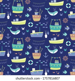 Marine kids pattern seamless hand drawn design . Kids home decoration series.