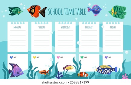 Marine kids schedule. Exotic fish weekly planner. School timetable. Tropical sea animals. Ocean theme notebook. Class list. Underwater goldfish. Lesson organizer. Garish