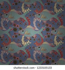 Marine kids seamless pattern with colorful cartoon fishes. Stylized vector cute color fish for children textile, wrapping paper, swimsuit cloth, package. Fishes in blue, gray and pink colors.