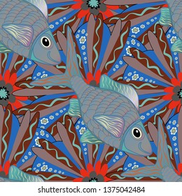 Marine kids seamless pattern with colorful cartoon fishes. Fishes in blue, brown and gray colors. Stylized vector cute color fish for children textile, wrapping paper, swimsuit cloth, package.