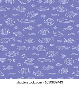Marine kids seamless pattern with white outline cute cartoon fishes on blue water background. Stylized vector linear fish for textile, wrapping paper, wallpaper, background, swimwear, package