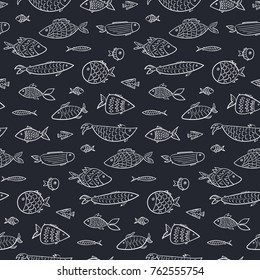 Marine kids seamless pattern with white outline cartoon fishes in dark water. Stylized vector linear fish for children textile, wrapping paper, wallpaper, background, swimwear, package