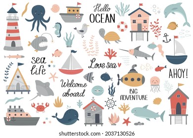 Marine kit. Underwater world. Ocean inhabitants, seaweed, shells, corals, beach house, boats, submarine, turtle, fish, octopus, seahorse, whale, dolphin, shark, jellyfish. Vector illustration