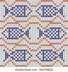 Marine knitted pattern with fish & waves. Vector.