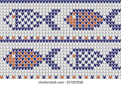 Marine knitted pattern with red & blue fish. Vector.
