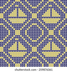 Marine knitted pattern with sailing boat in yellow & blue colors. Vector.