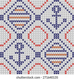 Marine knitted seamless pattern with anchor. Vector.