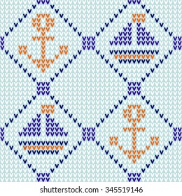 Marine knitted seamless pattern with anchor & bouts. Vector.