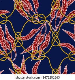 
 
Marine knots, ropes and seaweed. Seamless vector pattern. Hand-drawn illustration on a blue background.