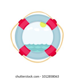 Marine label with nature and lifebuoy. Marine theme. Ring with rope, life buoys. Element of floating navigable vehicle, ship, boat, cargo water transport. Sea travel elements. Vector illustration.
