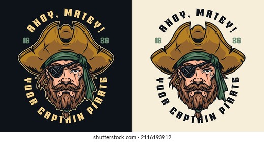 Marine label for t-shirts with colorful pirate face wearing hat and eye patch isolated vintage vector illustration