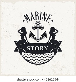 Marine label with two mermaids sitting on vintage ribbon banner with anchor. Vector illustration.