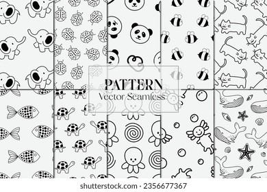 Marine and land animals line shapes seamless repeat pattern set