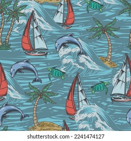 Marine landscape colorful seamless pattern with dolphins and turtles floating among palm trees and sailing yachts travel concept vector illustration