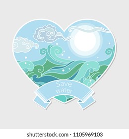 Marine landscape in heart. Vector hand drawn illustration in oriental style