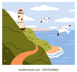 Meereslandschaft mit Leuchtturm und Meerschweinchen. Leuchtturm an der Küste, Segel, Klippen, Himmel und Wolken. Die Seeschifffahrt im Sommer, die Saison, die ruhige Landschaft mit Hügeln und Ozean. Flache Vektorgrafik