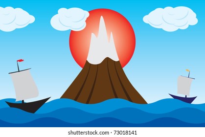 Marine landscape with a lone volcano and sailing boats