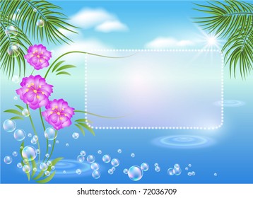 Marine landscape with palm trees, flowers, sun and clouds