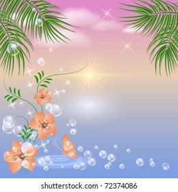 Marine landscape with palm trees and flowers - sunset.