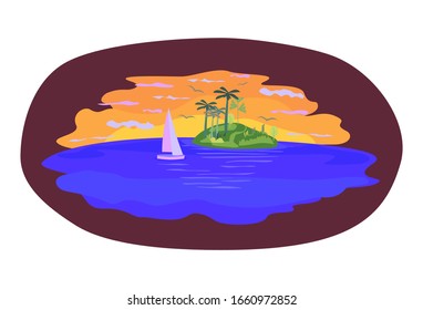 Marine landscape with a sailboat and an island on the horizon. Vector illustration.