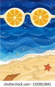 Marine landscape with sea waves and yellow sand, sunglasses with oranges, rocks, shell, gulls, fishes and starfish. Summer holidays background. Top view vertical illustration