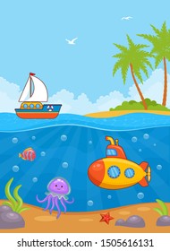 Marine landscape. Ship at sea. Tropical island. Sea animals. Yellow submarine
