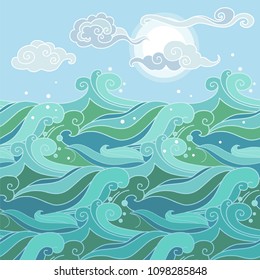 Marine landscape. Vector hand drawn illustration in oriental style