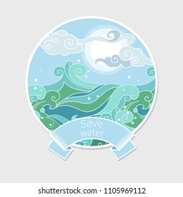 Marine landscape. Vector hand drawn illustration in oriental style