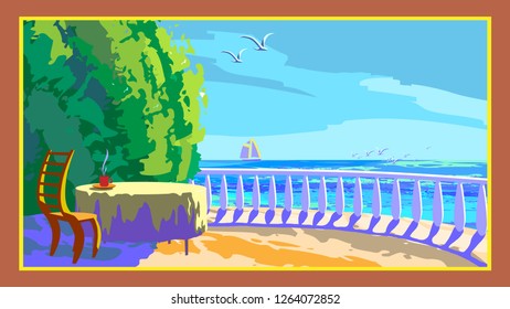 Marine landscape wich cafeteria on quay besaid blue sea in sunny summer morning
