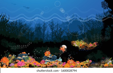 The marine landscape-the ocean and underwater world, with many kinds of fish. Including colorful coral reefs.For printing and creating videos.Graphic design Web interface for poster card user-Panorama