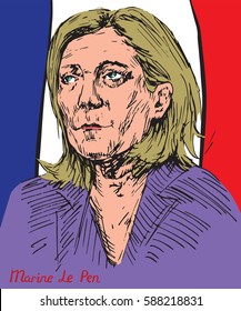 Marine Le Pen (Marion Anne Perrine Le Pen), President Of National Front (FN), French Presidential Candidacy 2017, Flag Background, Vector Illustration, Pop Art Style