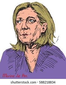 Marine Le Pen (Marion Anne Perrine Le Pen), Politician, President Of National Front (FN), French Presidential Candidacy 2017,  Vector Illustration In Pop Art Style